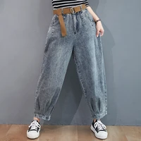 casual streetwear boyfriend jeans for women autumn vintage gray black mom jeans belt wide leg loose plus size baggy denim pants