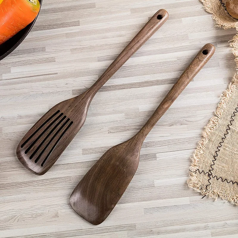

Wooden Spatula&Slotted Spatula for Cooking,Black Walnut Long Handle Wood and Slotted Turner for Non-Stick Cookware