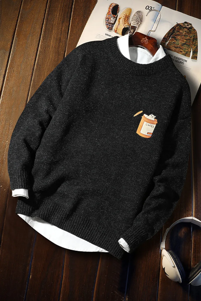 

Autumn and Winter Japanese Trend Men's Printing Casual Plus Size New Round Neck Pullover Sweater