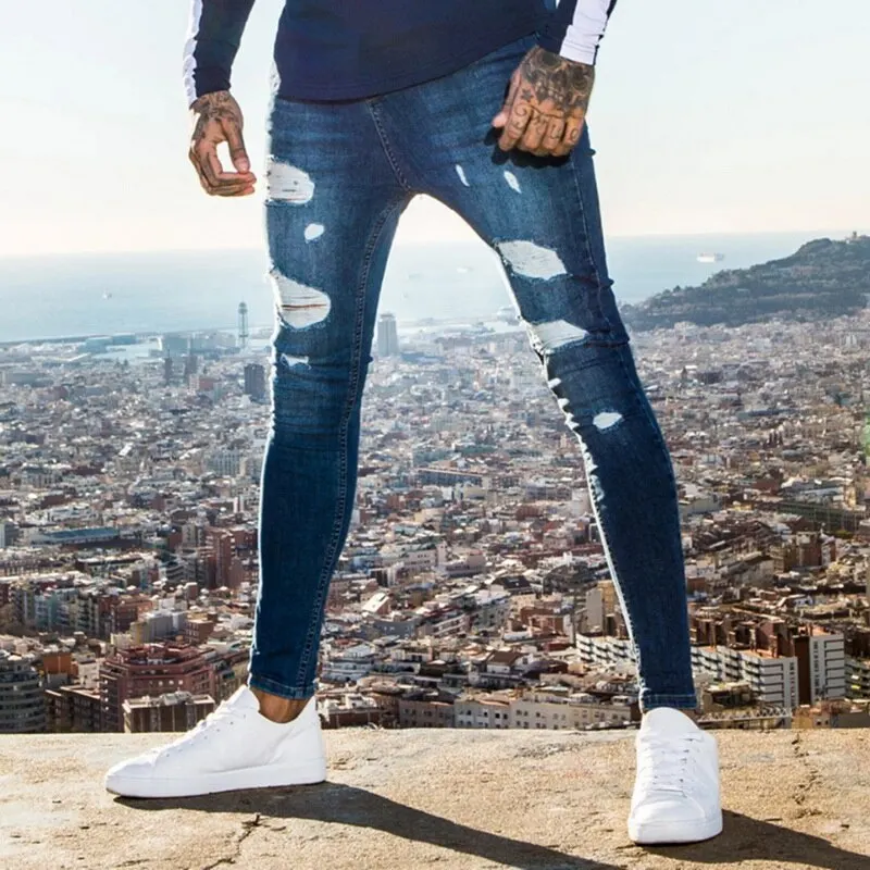 

2021 Fashion Casual Mens Skinny Stretch Denim Pants Distressed Ripped Freyed Slim Fit Jeans Trousers For Male Pants
