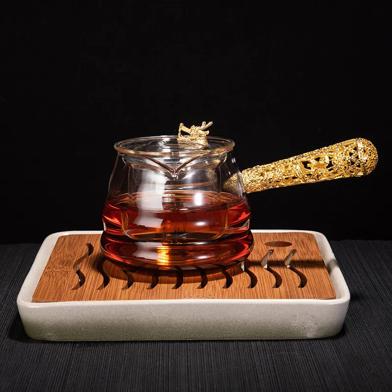 

Китайский чайник с крышкой, термостойкий чайник из боросиликатного стекла с золотой ручкой, чайники зеленого цвета Puer Longjing Kungfu чай китайски...