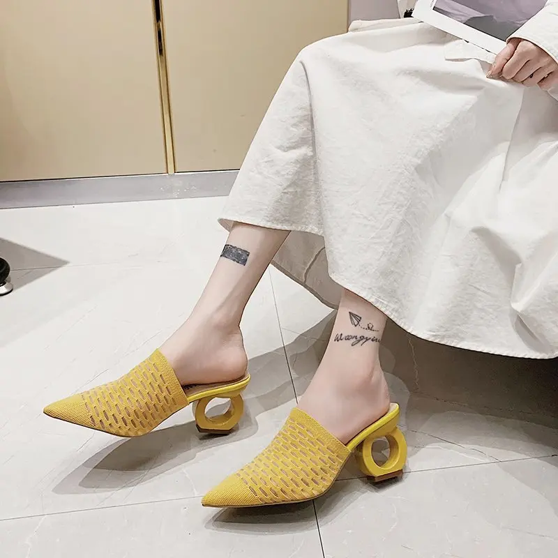 

Plus Size Chinelos Women Summer Outer Wear Fashion Pointed Knit Half Slipper Female Baotou Evening Party Sabot Shoes Heels Mules
