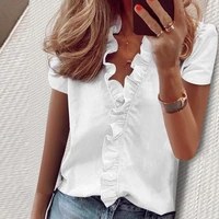 short sleeve shirts ladies tops summer blouse office lady womens clothing new fashion ruffle v neck solid shirt casual female
