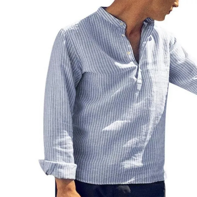 

2021 New Oversized Cotton Long Sleeve Mens Shirts Spring Summer Striped Slim Fit Stand Collar Shirt Male Clothes 4XL