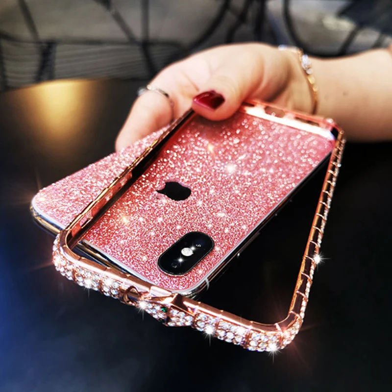 

Diamond Bumper On For iPhone 11 Pro XS Max XR X 8 7 Plus Glitter Rhinestone Metal Frame with Back + Front Film Screen Protectors
