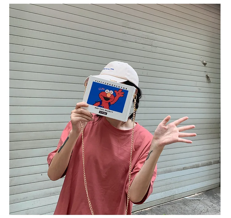 

2020 New Printing Funny Sesame Street Messenger Bag Cartoon Lovely Creative Women Shoulder Bag Box Shape Chain Crossbody Bag