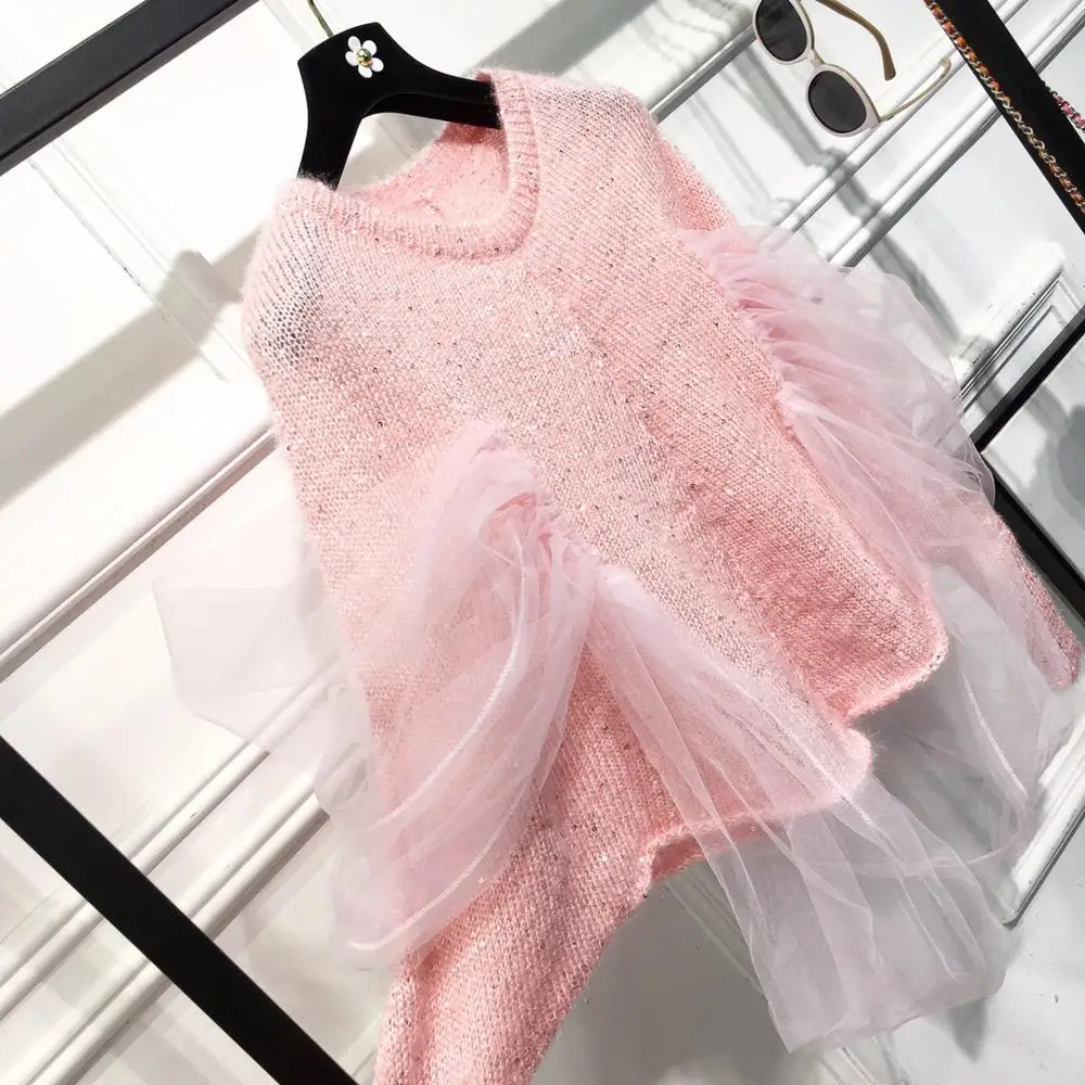 WHITNEY WANG 2019 мода уличная сетка лоскутное блестки мерцающий свитер женский джемпер