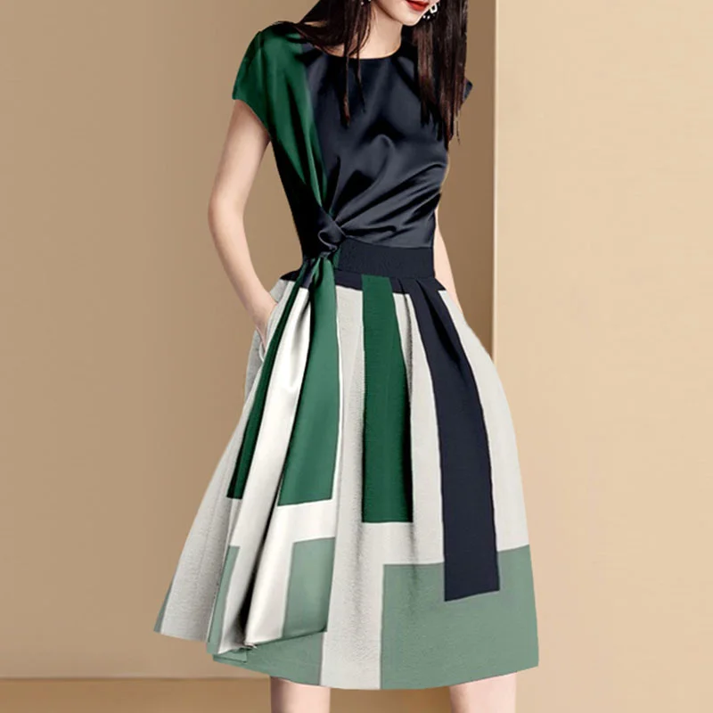 

Summer clothes 2021 new women's fashion color contrast Printed Dress temperament slim A-line skirt