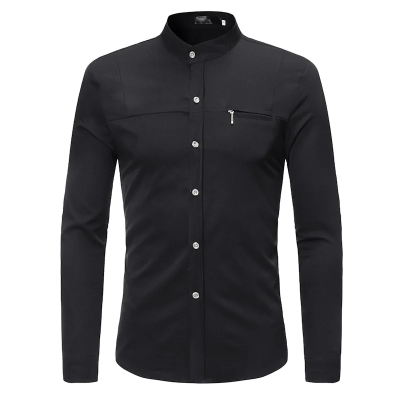 Модные мужские деловые рубашки с воротником-стойкой повседневные однотонные
