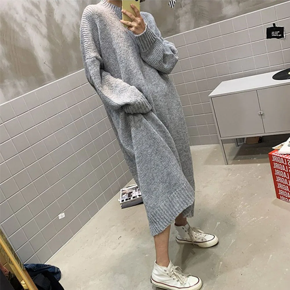 

Woman Elegant Autumn Winter Sweater Dress Solid Women Long Thick Dress Sweater Full Sleeve Long Robe Straight Knit Dress