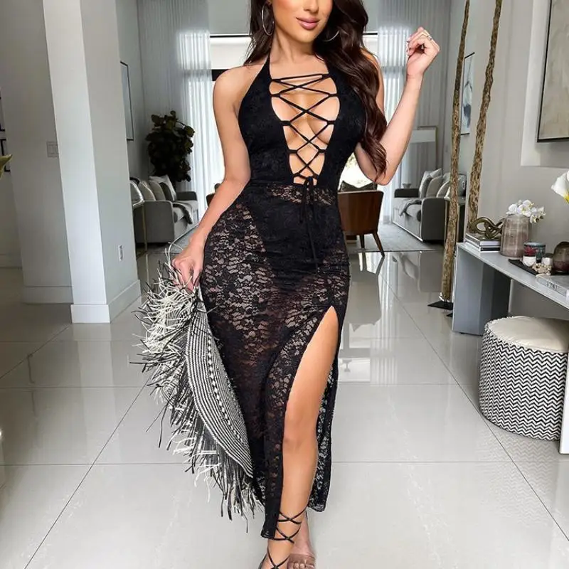 

Женское платье-футляр с воротником-хомутом и вырезом на груди, кружевное платье с разрезом, лето 2021