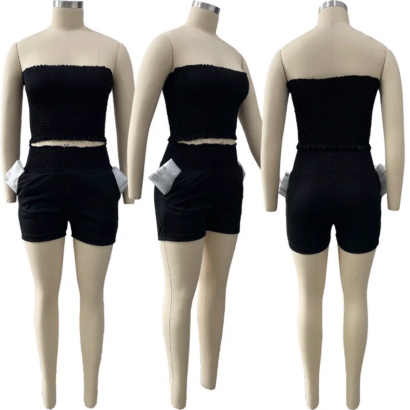 

Solid Women Two Piece Set Tracksuits Off Shoulder Strapless Pleated Crop Tops High Waist Legging Pants Suit Outfits Matching Set