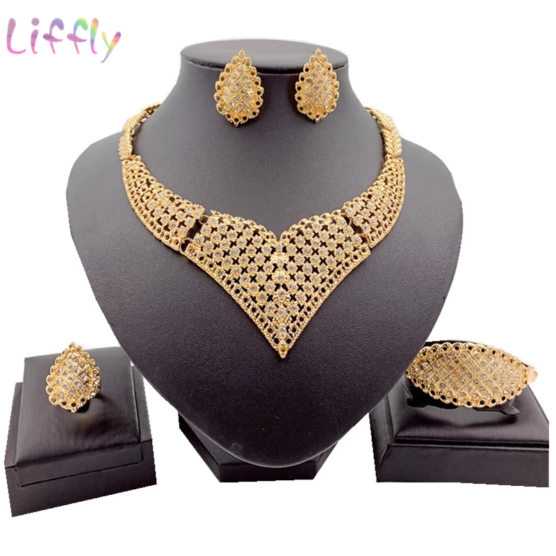 Новые африканские Ювелирные наборы золотое ожерелье браслет серьги кольцо