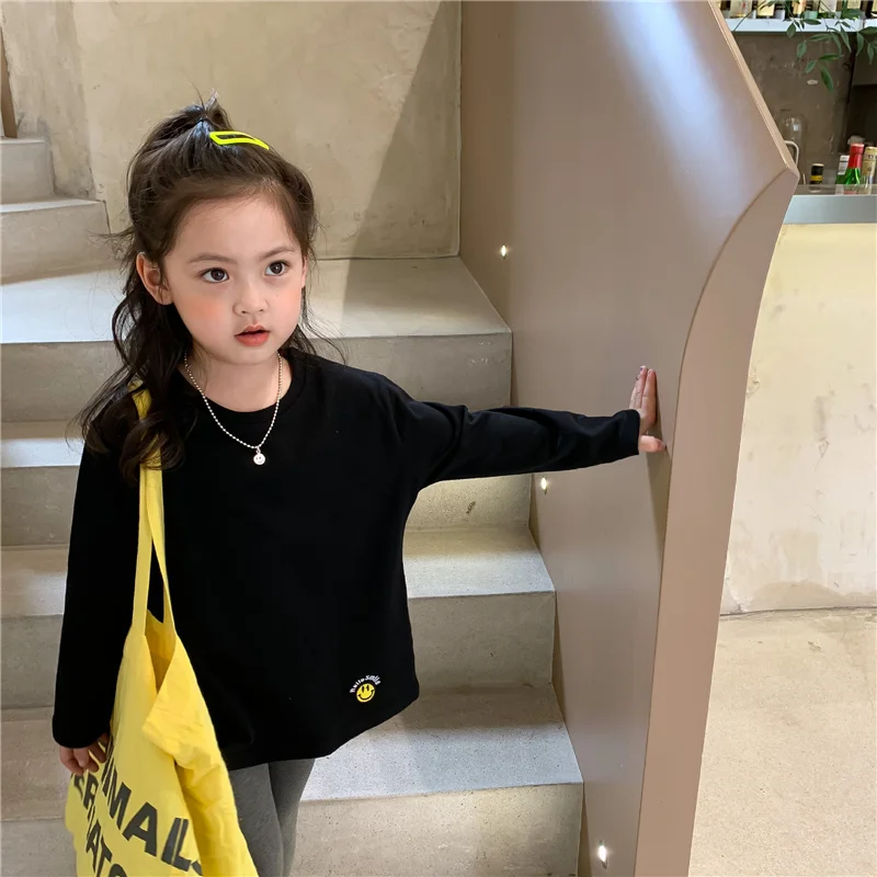 Camisetas de estilo largo con bordado de sonrisa para ni&ntilde;as, camisas de manga larga para ni&ntilde;os, Tops b&aacute;sicos de algod&oacute;n holgados para oto&ntilde;o, 2021-4