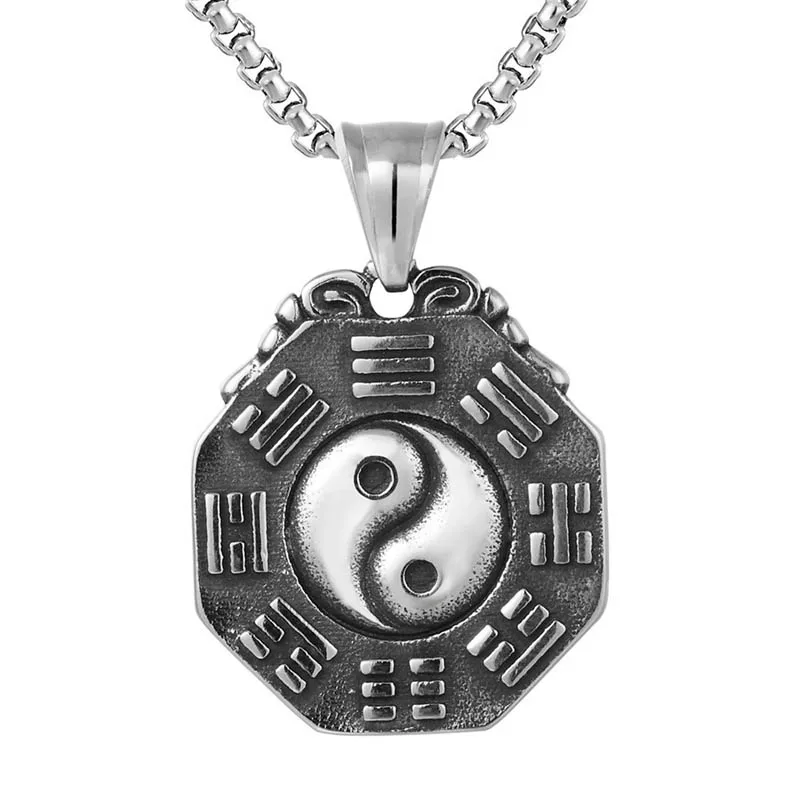 

Vintage Necklace Men's Yin Yang Tai Chi Eight Diagrams Titanium Steel Pendant Exorcism Amulet Necklaces Retro Religious Jewelry