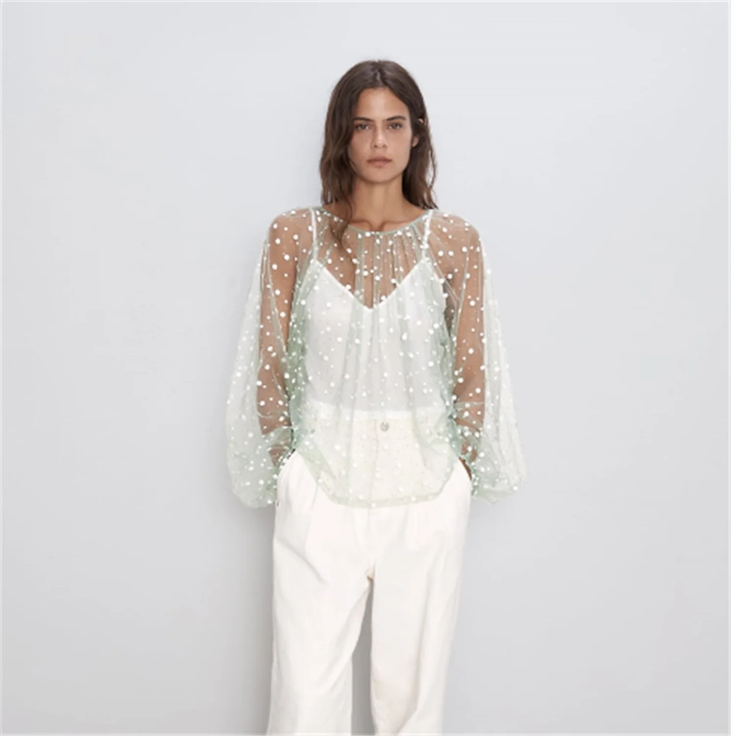 ZA 2019 женская рубашка новая летняя легкая прозрачная богемная с длинным рукавом