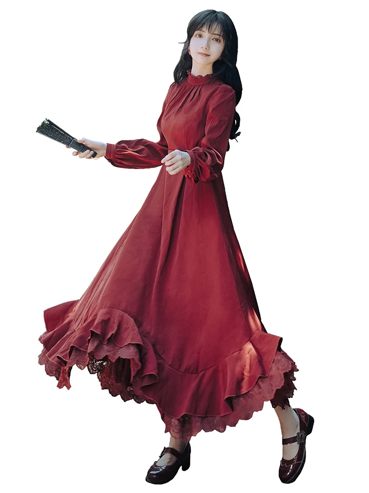 

Make asymmetric vertical cutting large ruffled lace stitching red dress to sell above