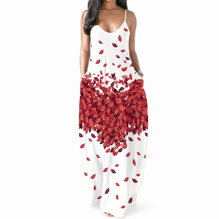 

2021 new European and American retro print long skirt round neck multicolor mid-length sexy sleeveless dress