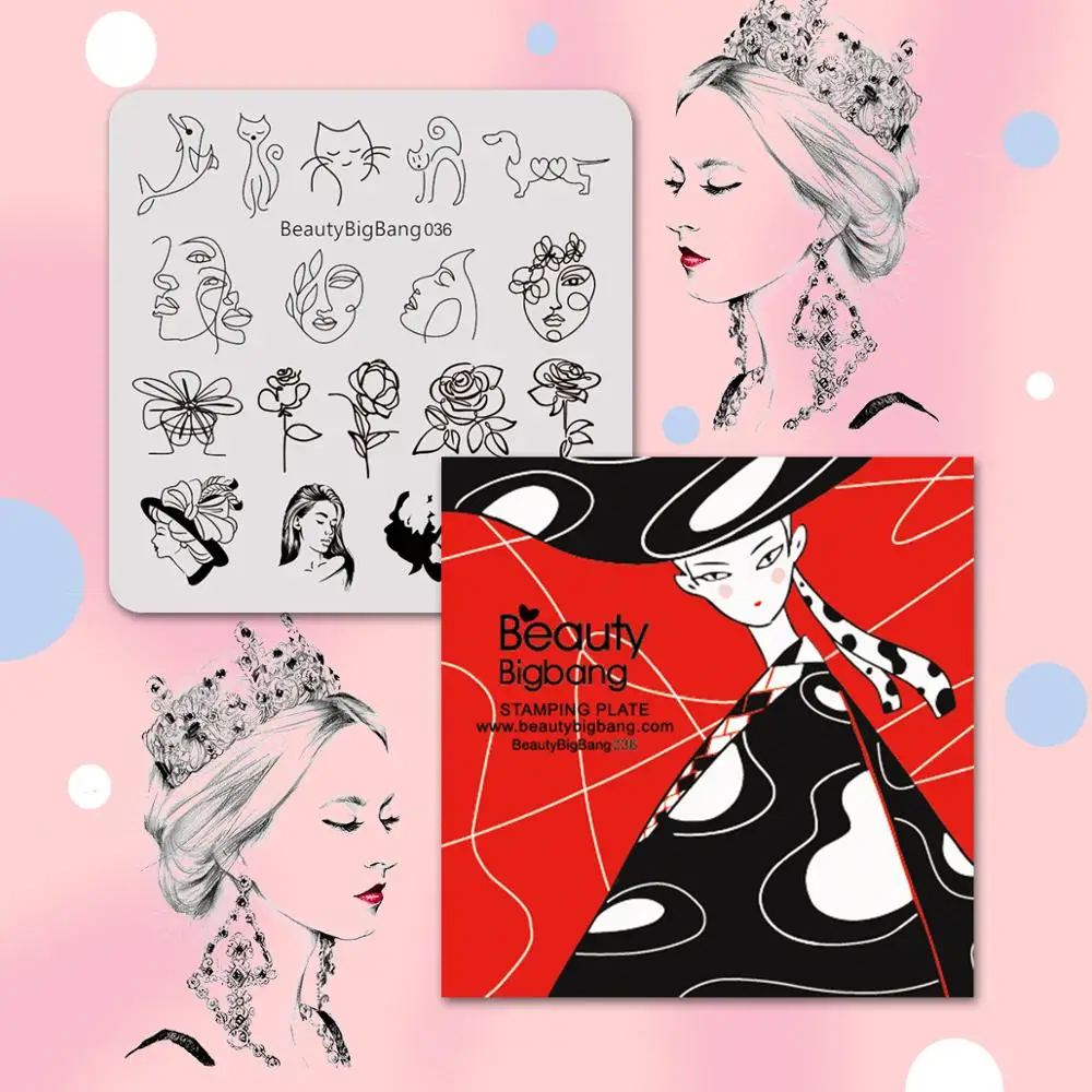 Пластины для стемпинга BeautyBigBang простые линии дизайна ногтей в виде розовых котов