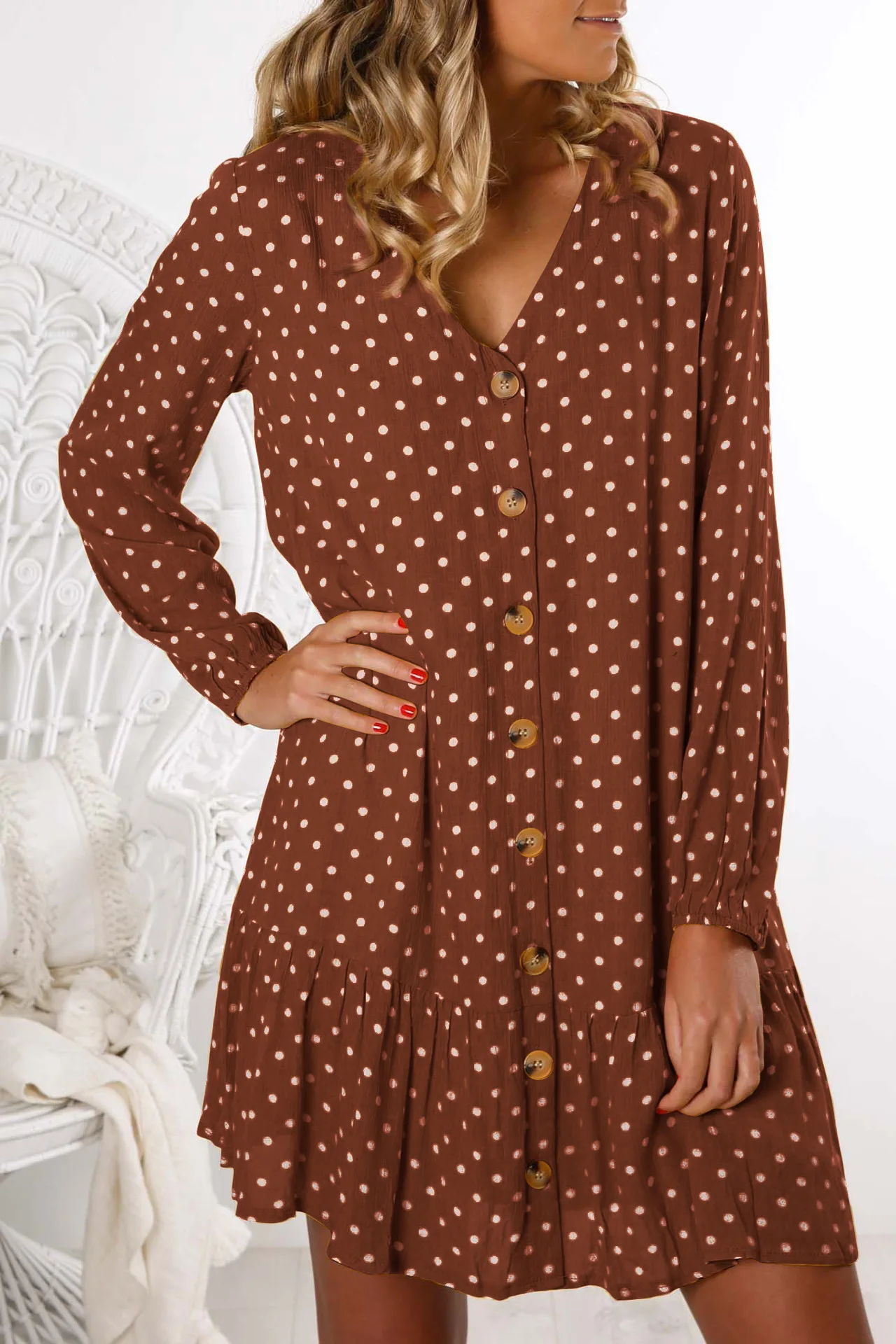 Леди Мода Платье Wave Point Осенне зимняя Дамская обувь с v образной горловиной и