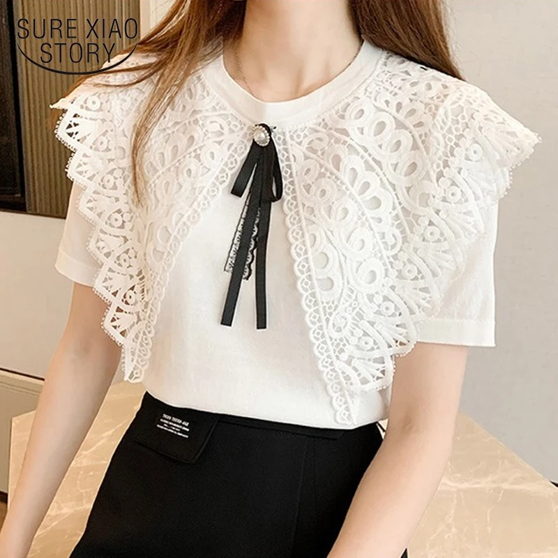 

Women Tops Summer 2022 Sweet Big Peter Pan Collar Ice Silk Shirt Lace Blouse Knitwear White Black Short Sleeve Knit Shirt 14257