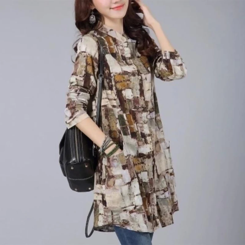 Tunics Long Shirt Women Vintage Cotton Linen Plaid Shirt Long sleeve Stand collar Ladies Casual Tops and Blouses
