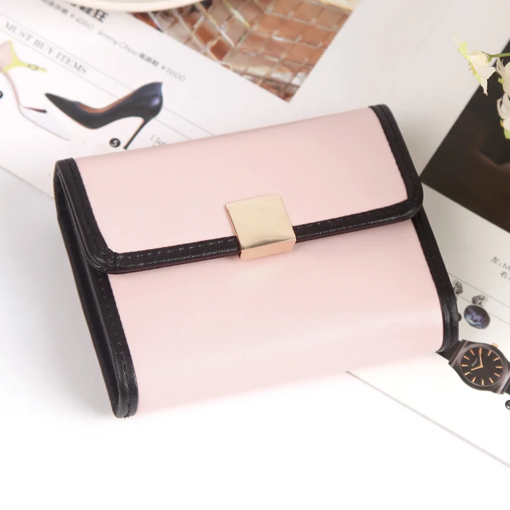 

New ladies short wallet multi-card position buckle solid color PU leather coin purse portable document small card bag female