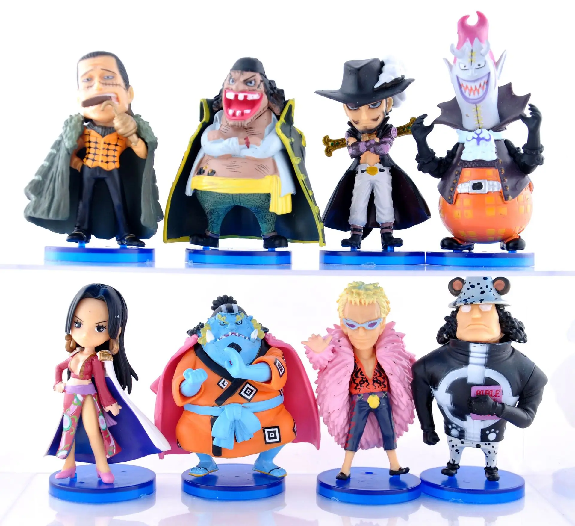 8pcs One Piece Hancock Mihawk Jinbe Action Figurines Doflamingo Crocodile Kuma Marshall Teach Moria Oka Shichibukai Model Toys