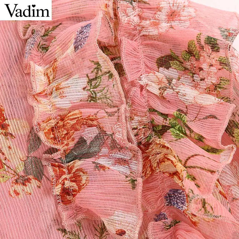 Vadim милый Женский шифоновый гофрированный цветочный блузка с v-образным вырезом и