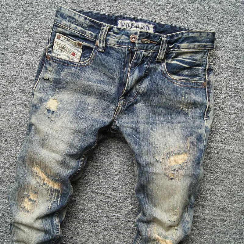 European Vintage Fashion Men Jeans High Quality Retro Distressed Ripped Jeans Men Patchwork Designer Casual Cotton Denim Pants