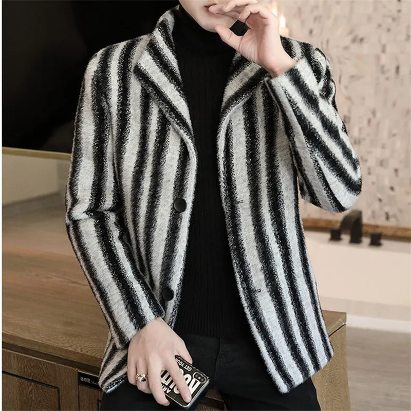 

Мужской повседневный костюм пальто шерстяная ткань верхняя одежда однобортная Высококачественная норковая бархатная Толстая полосатая короткая куртка зимний мужской блейзер