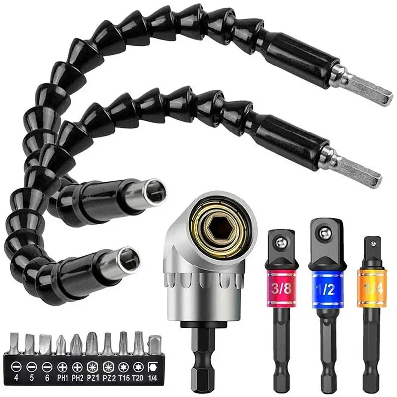 

16Pcs/set Flexible Shaft Hex Shank Drill Nut Driver Bit +Universal Socket Adapter+Screwdriver Bit+Right Angle Drill Extension