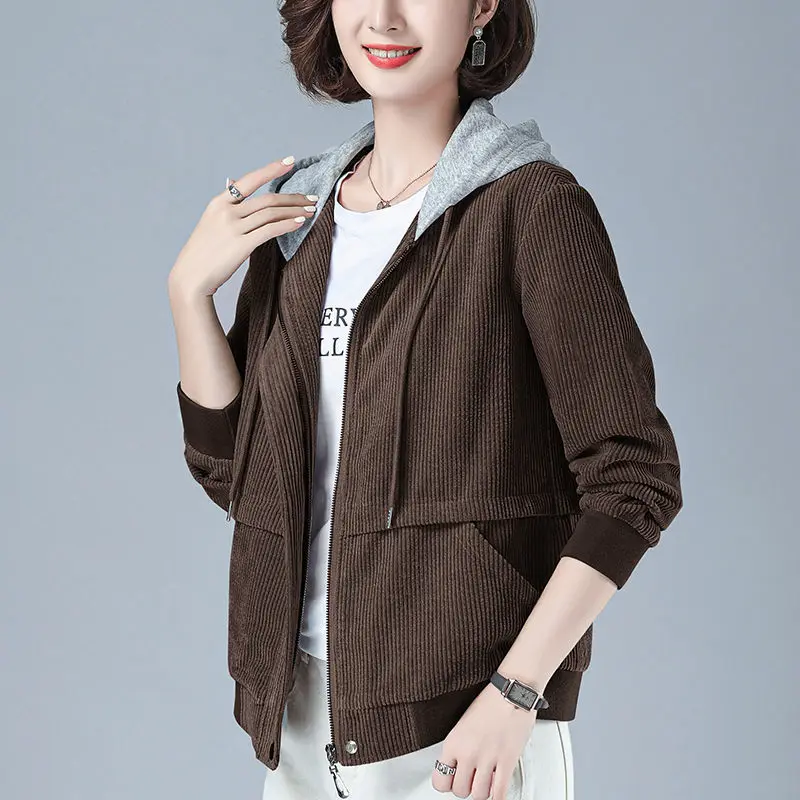 

Patchwork Hooded Zipper Corduroy Jacket Women Plus Size 4XL Long Sleeve Short Outerwear Autumn New Casual Loose Pocket Coat Tops