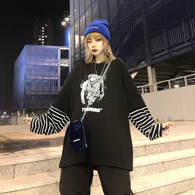 Lychee Girls Astronaut Women T Shirt Top Tee Stripe Fake 2 Pieces Women T-shirts Top Tees Patchwork Crew Neck Women T Shirts