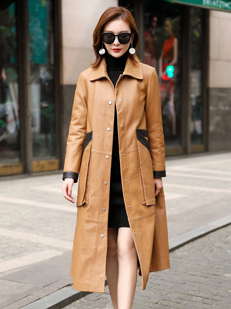 

Leather down jacket women's middle and long style winter 2020 new temperament waist closing sheep skin mink fur collar