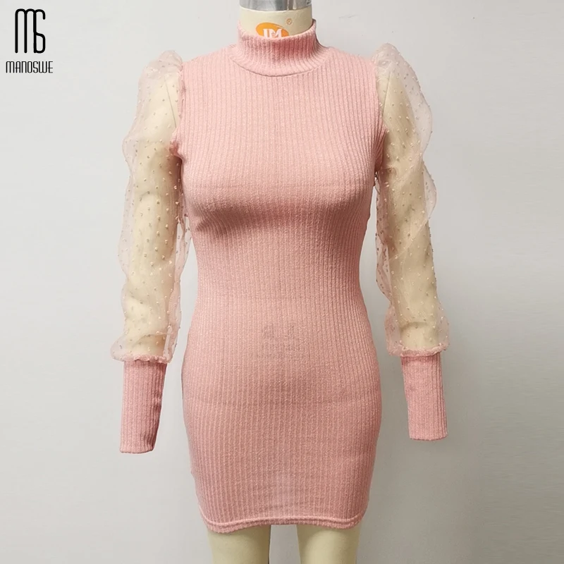 Женское Короткое платье в горошек Manoswe белое трикотажное средней длины с