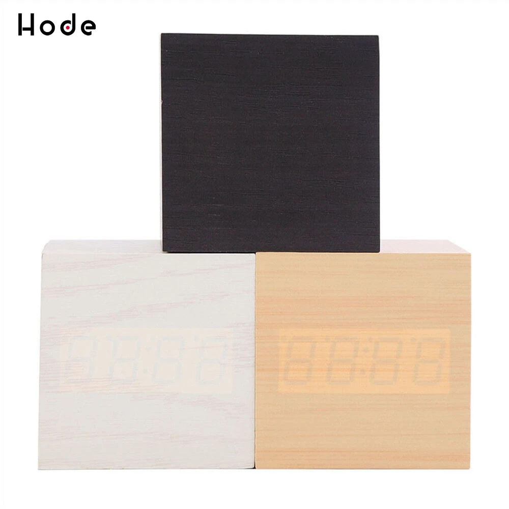 Деревянные бамбуковые часы Cube цифровые настольные будильник термометр