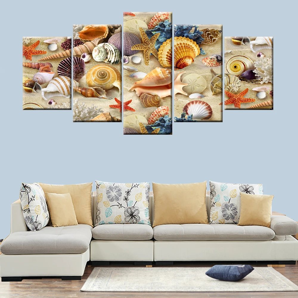 HD печать 5 панелей Холст Картина Морская звезда ракушка Настенная картина