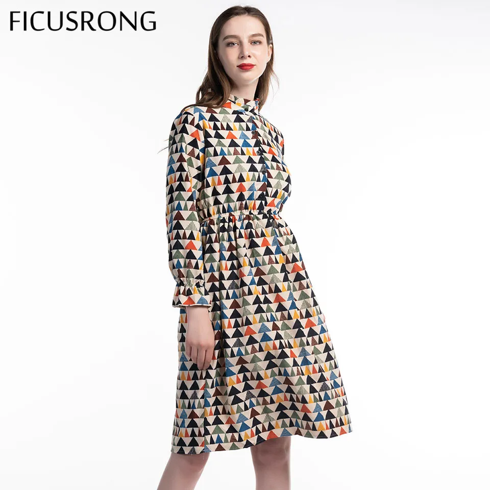 Женское вельветовое платье с цветочным принтом винтажное длинным рукавом