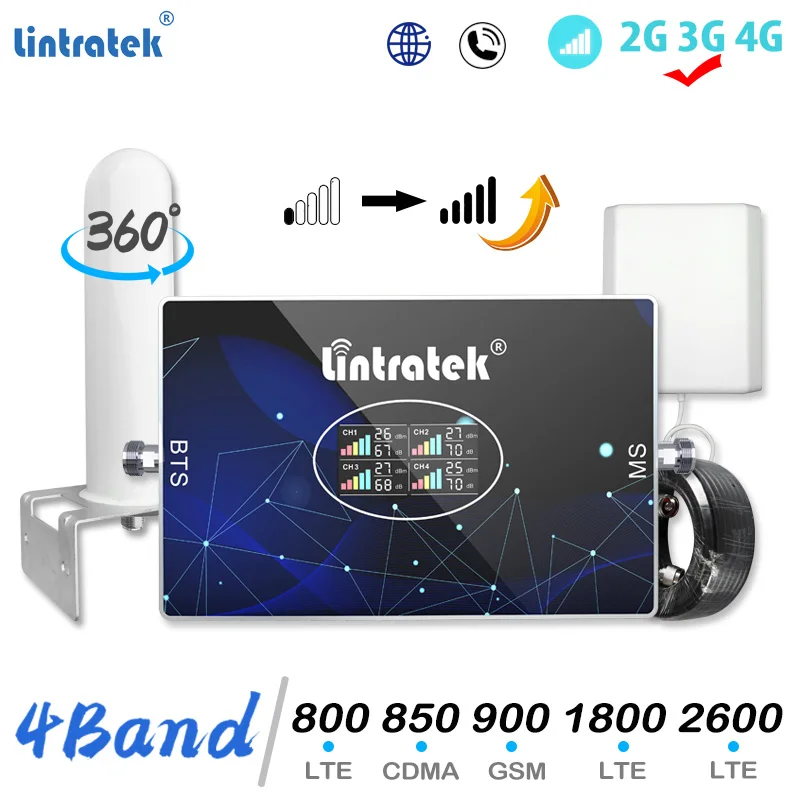 Lintratek الخلوية 4G مكبر صوت أحادي 4 الفرقة 2G 800 CDMA 850 مكرر GSM 900 3G UMTS 2100 4G LTE 1800 2600mhz الهاتف المحمول الداعم