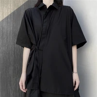 summer womens new square collar black short sleeved shirt irregular bow tie design simple loose fashion trend