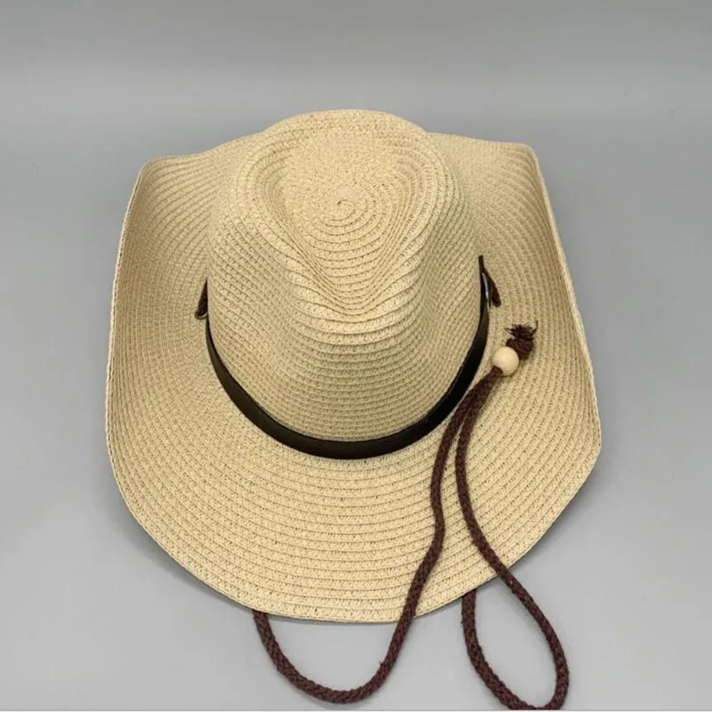 

Special spring and summer men's cowboy popular fashion cool high quality pu with metal ribbon long rope fedora sun hats for men
