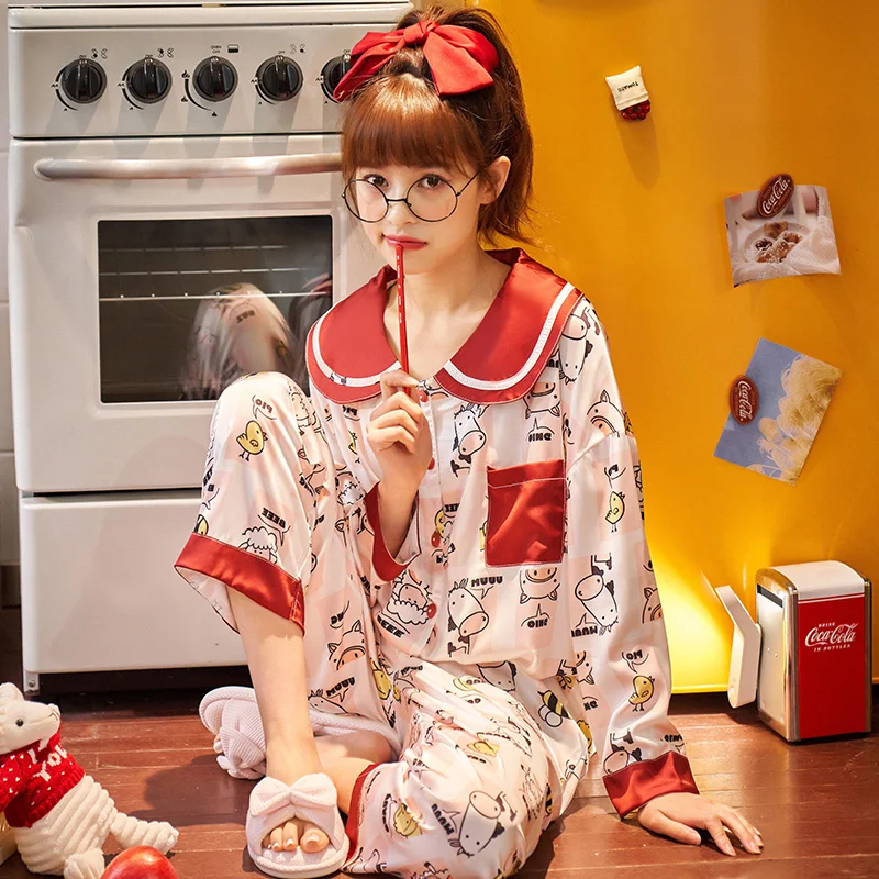 

Luxury silk pajamas for Women's Satin Pyjama Pjs Set Long Sleeve Casual Sleepwear Nightwear Comfortable Animal Loungewear suit