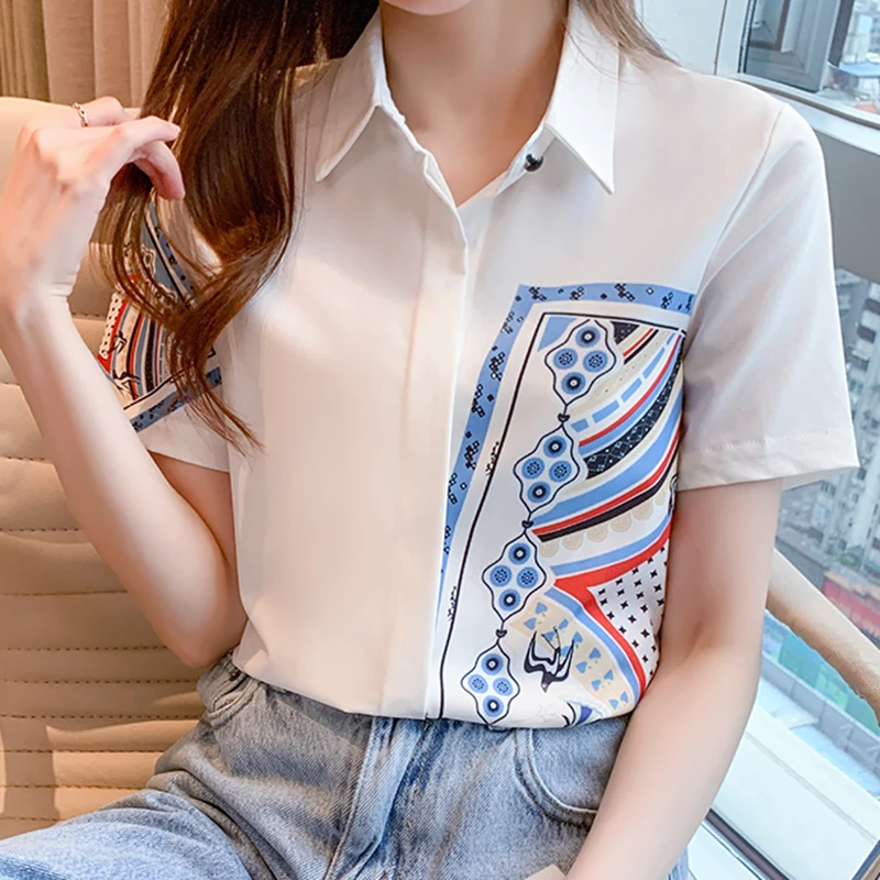 

2021 Summer New Office Lady Creative Print Short Sleeve White Shirt Top Loose Chiffon Shirt Women Single Breasted Blouse