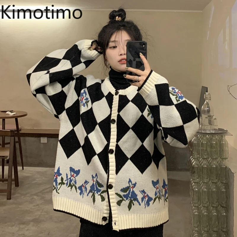 

Жаккардовый свитер Kimotimo в шахматную клетку, пальто, женский осенне-зимний дизайнерский Вязаный Кардиган с длинным рукавом, корейские шикар...
