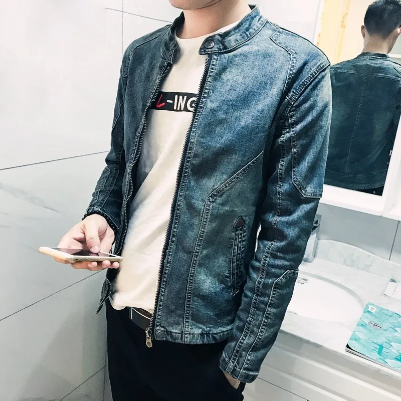 Spring Autumn New Long Sleeve Zipper Mens Denim Jackets Fashion Stand Collar Slim Fit Casual Cowboy Outerwear Coats Plus Size | Мужская