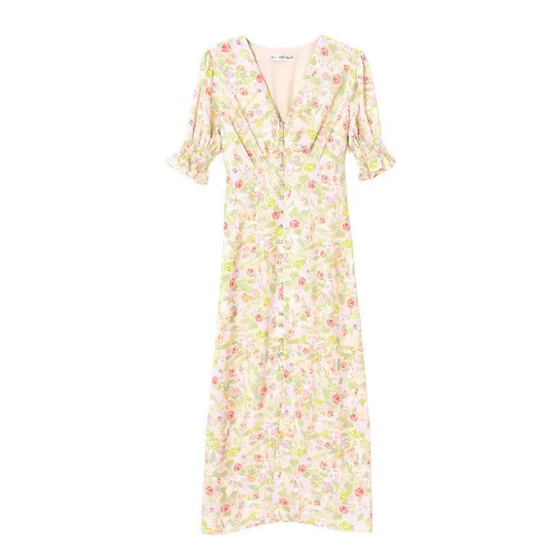 

EleeMee Summer Dress For Women 2021 V Neck Puff Sleeve Bandage Floral Print Elegant Long Vintage Dresses French Romantic