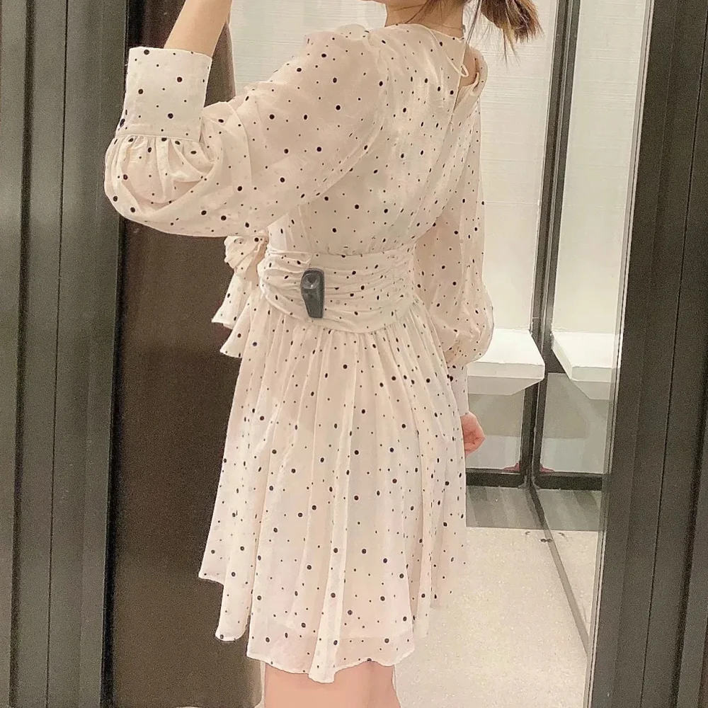 Женское платье рубашка в горошек с V образным вырезом и длинным рукавом|Женские