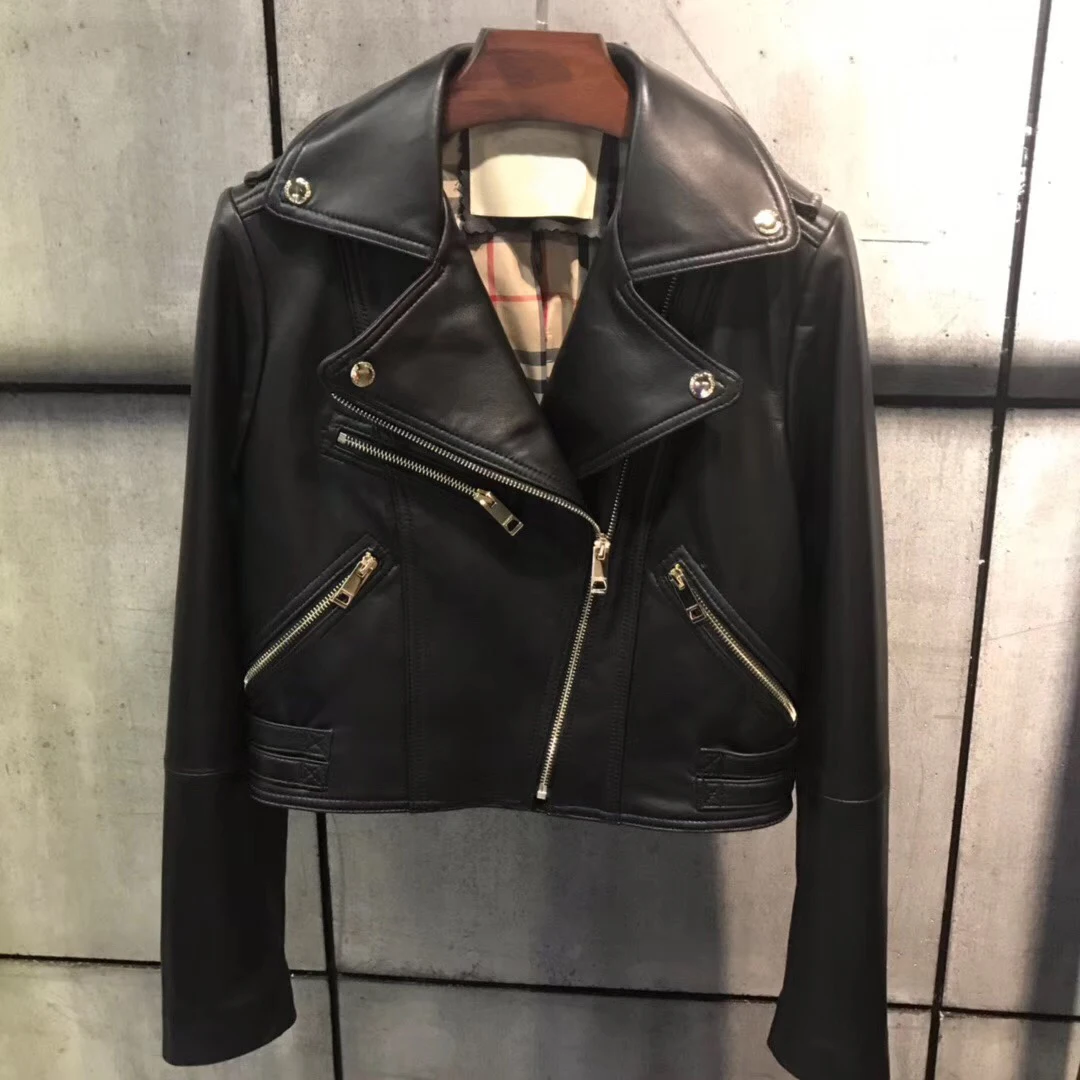 Sheepskin coat real genuine leather women autumn 2020 new fashion motorcycle jacket lady short style