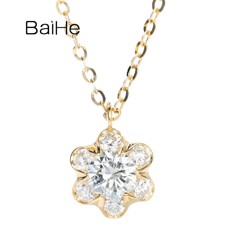 

BAIHE Solid 18K Yellow Gold 0.11CT/0.19CT/0.39CT Natural Diamond Flower Pendant Necklace Women Gift Trendy Fine Jewelry Collier